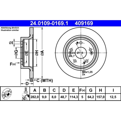 Abbildung von ATE 24.0109 0169.1 Bremsscheibe 282,0 9,0 5 114,3 voll beschichtet mit Schrauben HONDA: Accord 8, 8 Kombi, 9 Limousine