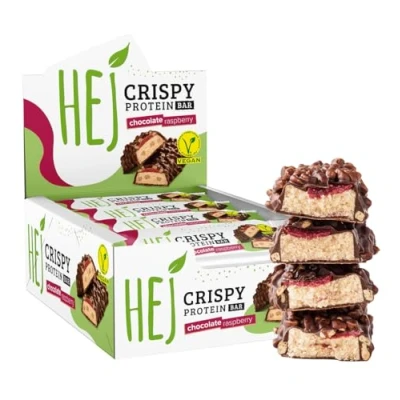 Abbildung von HEJ Vegan Crispy Chocolate Raspberry High Protein Riegel, zuckerarm nur 0,4 g Zucker schokoladiger, knuspriger Eiweißriegel, palmölfrei, Low Sugar Snack Bar 12 Proteinriegel x 45