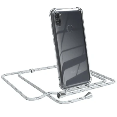 Abbildung von EAZY CASE Handykette kompatibel mit Samsung Galaxy M11 Handyhülle Umhängeband, Handykordel Schutzhülle, Silikonhülle, Hülle Band, Kette Hülle, Weiß/Silber