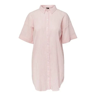 Abbildung von PIECES Damen Pcterra Long Shirt Bc Bluse, Begonia Pink/Stripes:Cloud Dancer, M EU