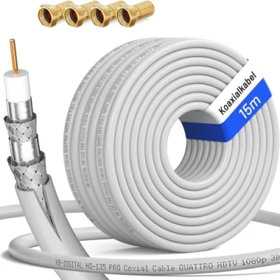 Abbildung von HB DIGITAL 15m Koaxialkabel HQ 135 Antennenkabel 135dB SAT Kabel 8K 4K UHD 4 Fach geschirmt für DVB S / S2 C C2 T T2 DAB+ Radio BK Anlagen + F Stecker GRATIS