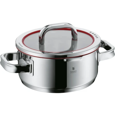 Abbildung von WMF Function 4 Kochtopf klein 20cm, Glasdeckel, Bratentopf Induktion 2,5l, Cromargan Edelstahl poliert, Abgießfunktionen, Innenskalierung, rot
