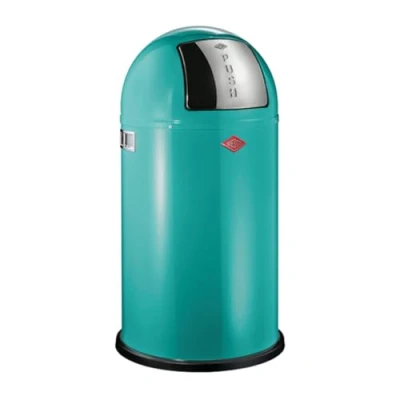 Abbildung von Wesco Pushboy Mülleimer in der Farbe türkis, pulverbeschichtetes Stahlblech, 50 Liter Volumen, große Edelstahlklappe, herausnehmbarer Innenbehälter