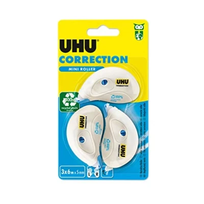 Abbildung von UHU Korrekturroller Mini schnelles, sauberes und präzises Korrekturband, weiß, 6 m x 5 mm, 3 Stück