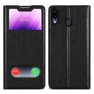 Abbildung von Cadorabo Hülle kompatibel mit Samsung Galaxy M20 in KOMETEN SCHWARZ Schutzhülle Magnetverschluss, Standfunktion und 2 Sichtfenstern