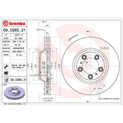 Abbildung von BREMBO 09.C985.21 Bremsscheibe 350 34 5 innenbelüftet beschichtet hochgekohlt mit Schrauben PORSCHE: Panamera, Cayenne, Panamera Sport Turismo