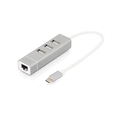 Abbildung von DIGITUS USB C Hub 3 Ports 2.0 mit Fast Ethernet LAN Adapter 3x A 480 Mbit/s 1x RJ45 Port 100 Plug &amp; Play Silber