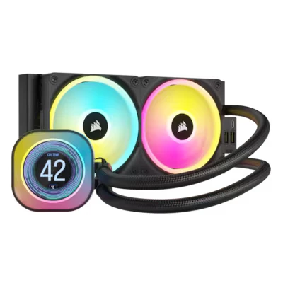 Abbildung von CORSAIR iCUE LINK H100i LCD Flüssig CPU Kühler 240mm AIO QX120 RGB Lüfter 2,1&quot; IPS Bildschirm Passend Für Intel LGA 1700, AMD AM5 System Hub im Lieferumfang Enthalten Schwarz