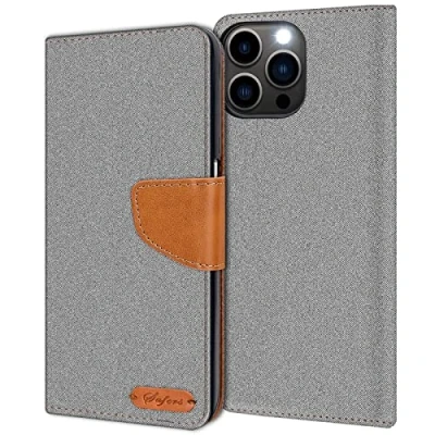 Abbildung von Verco kompatibel mit Apple iPhone 13 Pro Max Hülle, Schutzhülle für Tasche Denim Textil Book Case Flip Klapphülle, Grau