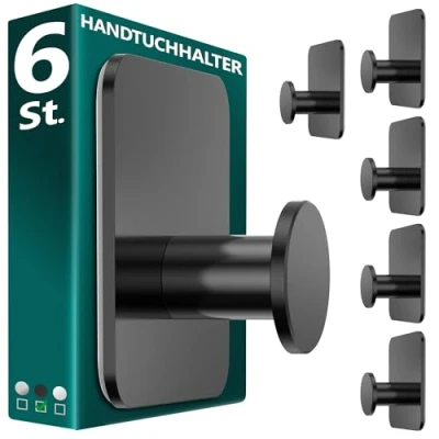 Abbildung von Menz Handtuchhalter ohne Bohren in Schwarz, 6 Stück Robuste Badezimmer Handtuchhalter, moderne Klebehaken, Haken fürs Bad, selbstklebend, ideal als funktionale Handtuchhaken