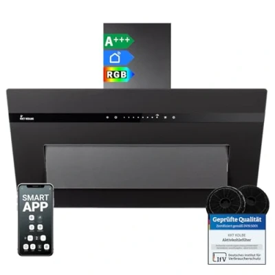 Abbildung von KKT KOLBE A+++ Dunstabzugshaube 90 cm 782 cbm/h Umluft Abluft Kopffrei Wandhaube Glas Matt Schwarz Nachlaufautomatik Smart WiFi App WLAN SensorTouch RGBW LED Beleuchtung PLOOM9005S