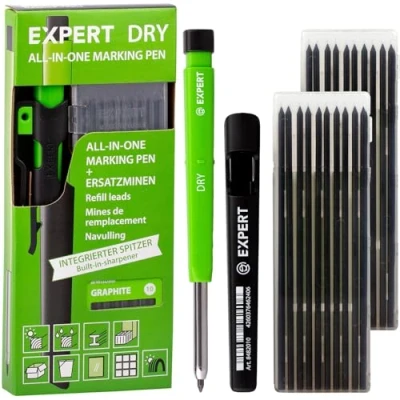 Abbildung von EXPERT DRY All in One Markierstift mit 2x Graphit Minen Sets Nachfüllbarer Tieflochmarker Set Vielseitig auf Holz, Glas, Metall Zimmermannsbleistift Minenautomatik