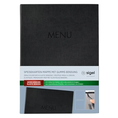 Abbildung von Sigel Speisekarten Mappe Gummi Bindung A4 Blindprägung MENU schwarz