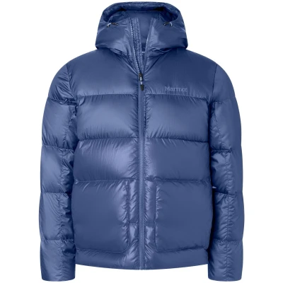 Abbildung von Marmot Men&#039;s Guides down Hoody, Lightweight jacket, warm winter puffy, water repellent quilted coat, windproof functional packable outdoor jacket with hood, Storm, XL