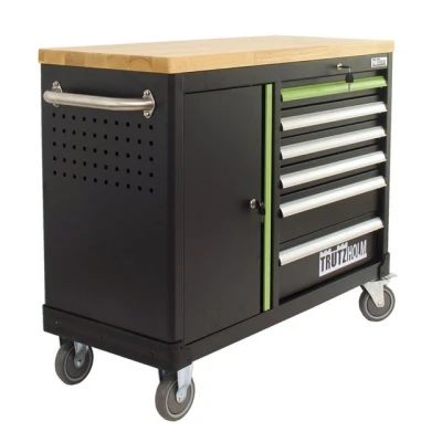 Abbildung von TRUTZHOLM Werkstattwagen Deluxe 6 Schubladen + Tür leer Werkzeugwagen, Rollwagen, Assistent Arbeitsfläche 108x46,5cm Massivholz (grün/schwarz)