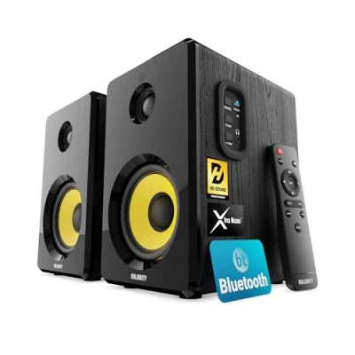 Abbildung von MAJORITY D40X Aktiv Regallautsprecher 70W 2.0 Gelber Kevlar Kegel Monitor Lautsprecher Studio mit Bluetooth Bookshelf HiFi Speakers Optische, RCA, USB AUX &amp; Inklusive Fernbedienung