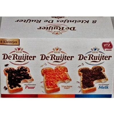 Abbildung von De Ruijter 8 Kleintjes Mini Box&#039;s (De Ruyter Hagelsag (sprinkels)Melk &amp; Puur, Vlokken Melk Puur en Vruchtenhagel) 1 box with small Assortment by