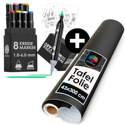 Abbildung von OfficeTree Tafelfolie Selbstklebend Schwarz und 8x Kreidemarker Bunt Kreidefolie 300 x 43 cm Matt Kreidestifte für Tafel Abwaschbar