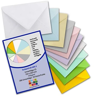 Abbildung von 200 Briefumschläge Farbenmix Paket 2 DIN C5 Kuverts 22,0 x 15,4 cm mit Nassklebung ohne Fenster für Gruß Karten &amp; Einladungen Serie FarbenFroh