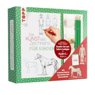 Abbildung von Kreativ Set Kunst des Zeichnens für Kinder: Grundlagenbuch und kleiner Zeichenschule sowie 2 bewegliche Glieder Figuren (Mensch/ Pferd), 3 Bleistifte (H, HB, B) ein Radiergummi (Buch &amp; Material)
