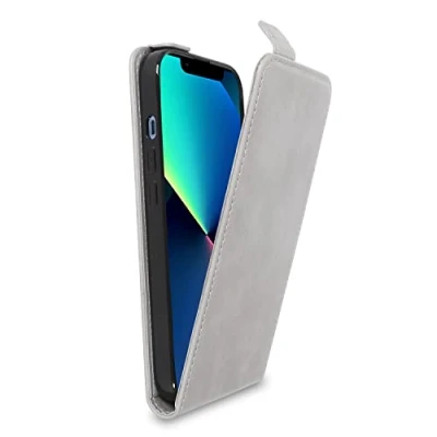 Abbildung von Cadorabo Hülle kompatibel mit Apple iPhone 13 Mini Flip Design aus Premium Kunst Leder Klappbare Stoßfeste Magnetische Cover für Tasche in Grau