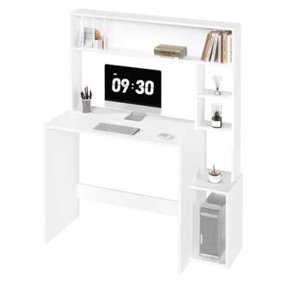Abbildung von eSituro Schreibtisch, Computertisch mit Regal, 5 stufiges Bücherregal, Bürotisch weiß, Gamingtisch Stauraum, PC Tisch, für Home Office Büro Wohnzimmer, 113,5x139x45 cm