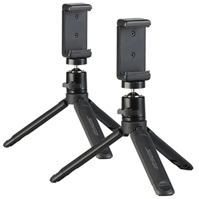 Abbildung von Somikon Tischstativ: 2er Set Mini Dreibein Stative aus Alu, Smartphone Halterung, 15,5 cm (Photo Stativ, Camera Selfie)
