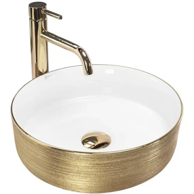 Abbildung von wohnwerk.idee Aufsatzwaschbecken Waschbecken Keramik Sami Brushed Gold Gebürstet rund Ø36,5cm