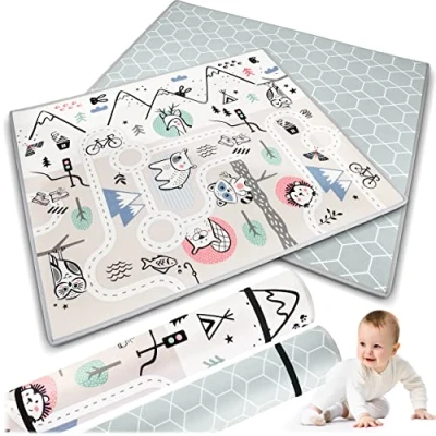 Abbildung von Nukido Spielmatte Doppelseitige Krabbelmatte Baby Krabbeldecke Matte Bodenmatratze Kinderzimmer faltbar Bodenmatte Kinder Babyspielzeug 0 6 monate Grau 150x180x1,5 cm