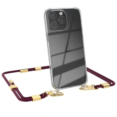 Abbildung von EAZY CASE Handykette mit Karabiner kompatibel iPhone 15 Pro Max Hülle Silikon transparente Handyhülle für Kette zum Umhängen Schutzhülle in Beere Clips Gold