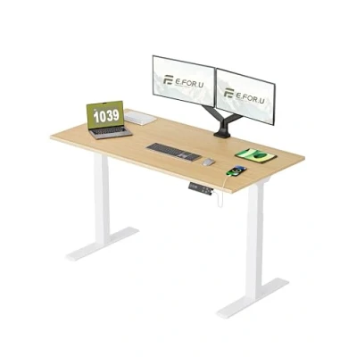 Abbildung von E.For.U® höhenverstellbarer Schreibtisch 160x80 cm, 2 Motoren, elektrisch höhenverstellbares Tischgestell mit Fach Teleskop, Memory Steuerung (Weiß), DT20L Tischplatte (Buche)