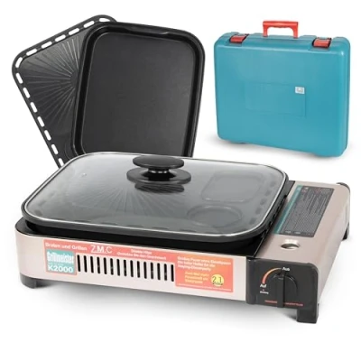 Abbildung von Z.M.C 2 in 1 tragbarer Gaskocher und Gasgrill inkl. Grillplatte, Pfanne, Glasdeckel Koffer, Campingkocher für innen Außenbereich Balkon Tischgrill mit Piezo Zündung