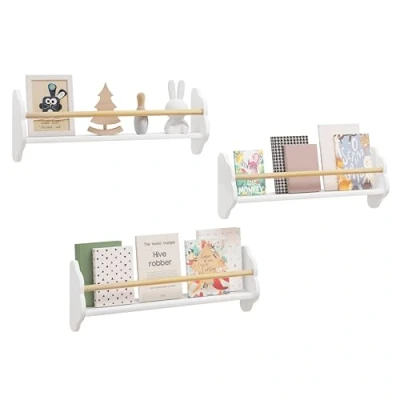 Abbildung von WOLTU Kinder Bücherregal Wandregal, Kinderzimmerregal mit 3 Ablagen, Kinderregal für Buchaufbewahrung, aus Kiefernholz MDF, Kinderzimmer Spielzimmer, Weiß, KR025ws65
