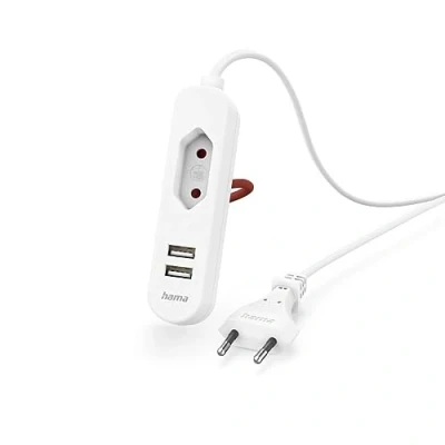 Abbildung von Hama Steckdosenleiste mit USB, USB A, 1,9m (2 1 Euro Steckdose, Netzteil, Ladegerät, Verlängerung, Mehrfachsteckdose Mehrfachstecker, Reise Zubehör) weiß