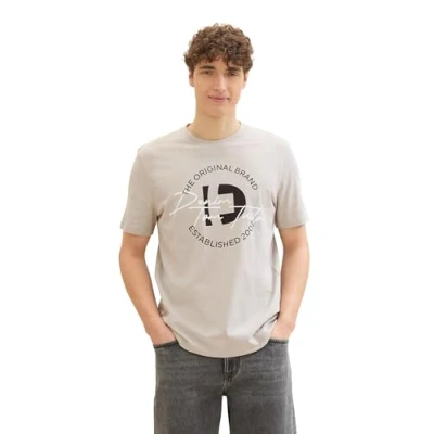 Abbildung von TOM TAILOR Denim Herren Basic Crew Neck T Shirt mit Logo Print, light dove grey, M