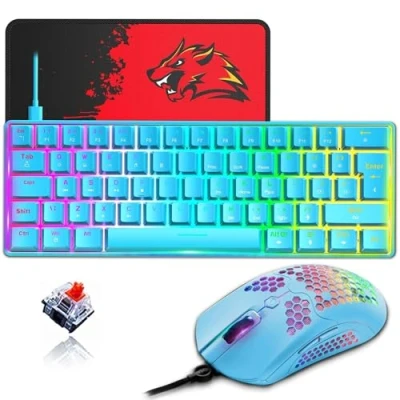 Abbildung von ZIYOU LANG T60 60% Mechanische Gaming Tastatur Und Maus [UK Layout] RGB Beleuchtung, Typ C, Ergonomische Mini 12000 DPI, USB Wabenmaus, PC Computer Blauer + Roter Switch