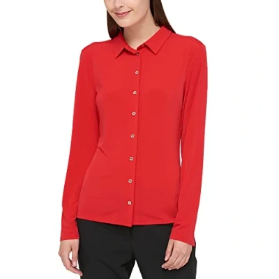 Abbildung von Tommy Hilfiger Damen Long Sleeve Collared Front Top Hemd mit Button Down Kragen, Scharlachrot, S