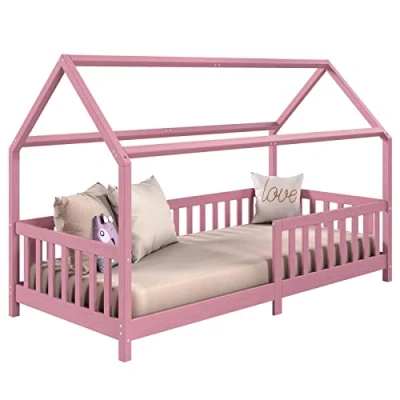 Abbildung von IDIMEX Hausbett NINA aus massiver Kiefer in rosa, schönes Montessori Bett 90 x 200, süßes Indianerbett mit Dach