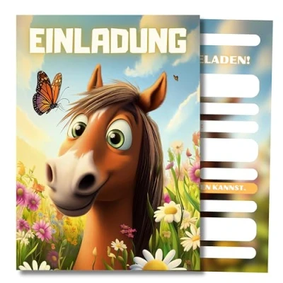 Abbildung von HIDEBLOOM I Pferde Einladungskarten Kindergeburtstag Mädchen 12 Stück DIN A6 (10,5 cm x 14,8 cm) Einladung Geburtstag Pferd Teenager Kinderparty Postkarten Kinder Teens
