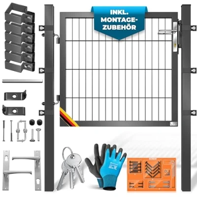 Abbildung von KESSER® Gartentor Premium Gartentür aus Metall verzinktem Stahl, für Stabmattenzau Zauntor, Hoftor, inkl. Pfosten mit Schloss Türklinke und Schlüssel, 80 x 106cm Anthrazit