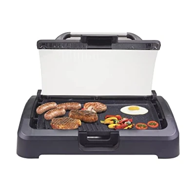 Abbildung von Beper Elektrogrill 90.871 mit Glasdeckel, beschichtete Grillplatte, 2200,00 W, Non Stick Druckgussplatte