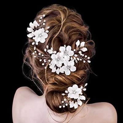 Abbildung von BETESSIN 3Pcs Hochzeit Haarnadeln Blumen Braut Haarspangen Muschel Blütenblätter Haarschmuck Perlen Brautschmuck Haare Haarklammern Haar Clips für Damen Mädchen Silber