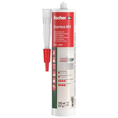 Abbildung von fischer Express MS, Klebstoff mit schnellem Kraftaufbau, für dauerhafte Klebeverbindungen hoher Endfestigkeit, 1K Hybrid Polymer viele Anwendungen &amp; Untergründe, 290 ml, weiß