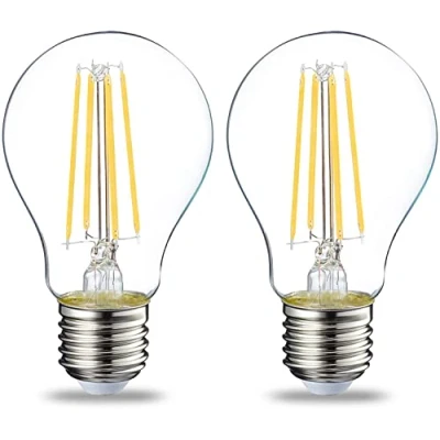 Abbildung von Amazon Basics LED Leuchtmittel, Edison Sockel E27, 7 W (entspricht 60 Glühbirne), Warmweiß, nicht dimmbar, klares Filament, 2er Pack