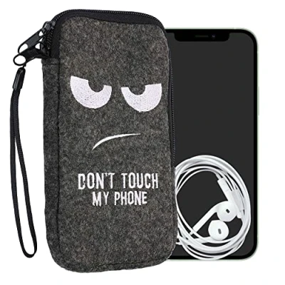 Abbildung von kwmobile Handytasche für Smartphones L 6,5&quot; Handy Filztasche Don&#039;t Touch My Phone Weiß Dunkelgrau 16,5 x 8,9 cm Innenmaße