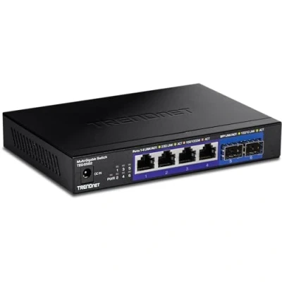 Abbildung von TRENDnet TEG S562 6 Port Unmanaged Multi Gig Switch, 4 x 2,5GBASE T Ports, 2 10G SFP+ Ports Lüfterlos, kompaktes Desktop Design, Metallgehäuse, Netzwerk Ethernet Schwarz