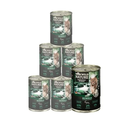 Abbildung von Dehner Wild Nature Katzenfutter Auwald, Nassfutter getreidefrei / zuckerfrei, für ausgewachsene Katzen, Hirsch Truthahn, 6 x 400 g Dose (2.4 kg)