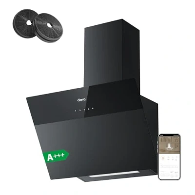Abbildung von CIARRA CBCF6736H A+++ Dunstabzugshaube 60 cm Umluft Kopffreie Schräghaube 650 m3/h Wi Fi App Touch Bedienung Abluft CBCF003 Aktivkohlefilter 4 Leistungsstufen Mattiertes Glas Schwarz