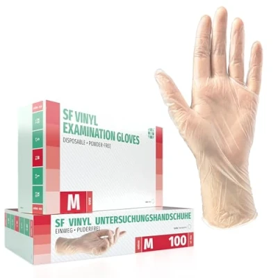 Abbildung von Vinylhandschuhe 100 Stück Box (M, Transparent) Einweghandschuhe, Einmalhandschuhe, Untersuchungshandschuhe, Vinyl Handschuhe, puderfrei, ohne Latex, unsteril, latexfrei, disposible gloves