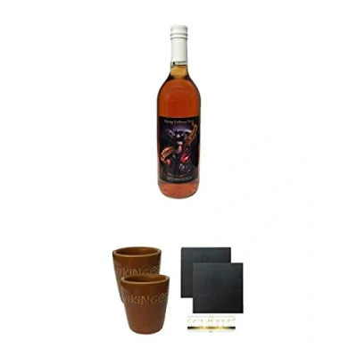 Abbildung von Honig Met Erdbeer Königin 0,75 Liter + Wikinger Tonbecher 2 Stück Schiefer Glasuntersetzer eckig ca. 9,5 cm Ø